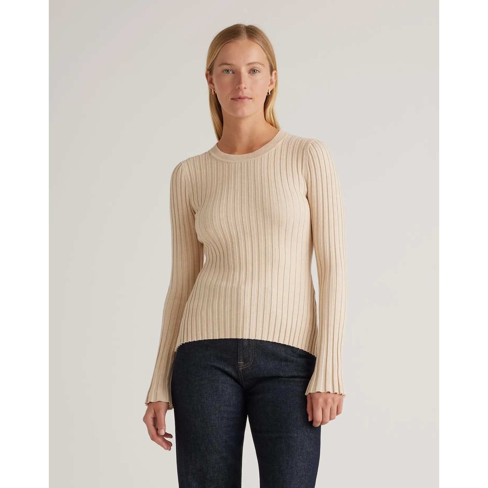 Quince Cashmere Cotton Ribbed Crewneck Sweater Heather Oatmeal Medium NWT
